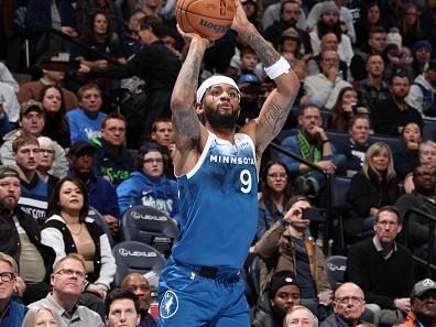 MINNEAPOLIS, MN -  NOVEMBER 28: Nickeil Alexander-Walker #9 of the Minnesota Timberwolves shoots the ball during the game against the Oklahoma City Thunder during the In - Season Tournament on November 28, 2023 at Target Center in Minneapolis, Minnesota. NOTE TO USER: User expressly acknowledges and agrees that, by downloading and or using this Photograph, user is consenting to the terms and conditions of the Getty Images License Agreement. Mandatory Copyright Notice: Copyright 2023 NBAE (Photo by David Sherman/NBAE via Getty Images)