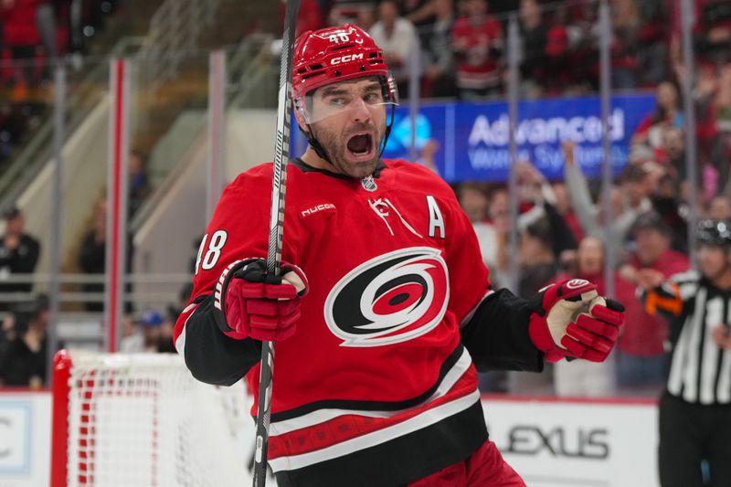 Oct 30, 2025; Raleigh, North Carolina, USA; Carolina Hurricanes left wing Jordan Martinook (48) celebrates his goal against the New York Islanders during the first period at Lenovo Center. Mandatory Credit: James Guillory-Imagn Images Oct 30, 2025; Raleigh, North Carolina, USA; Carolina Hurricanes left wing Jordan Martinook (48) celebrates his goal against the New York Islanders during the first period at Lenovo Center. Mandatory Credit: James Guillory-Imagn Images