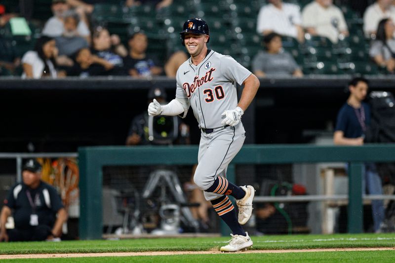 Jun 2, 2025; Chicago, Illinois, USA; Detroit Tigers designated hitter Kerry Carpenter (30) rounds the bases after hitting a solo home run against the Chicago White Sox during the sixth inning at Rate Field. Mandatory Credit: Kamil Krzaczynski-Imagn Images