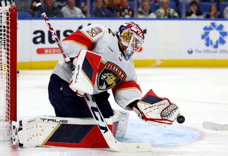 Oct 28, 2024; Buffalo, New York, USA;  Florida Panthers goaltender Sergei Bobrovsky (72) makes a glove save during the second period against the Buffalo Sabres at KeyBank Center. Mandatory Credit: Timothy T. Ludwig-Imagn Images