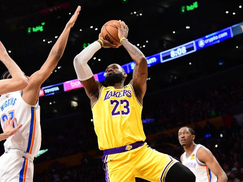 LOS ANGELES, CA - MARCH 4: LeBron James #23 of the Los Angeles Lakers shoots the ball during the game against the Oklahoma City Thunder on March 4, 2024 at Crypto.Com Arena in Los Angeles, California. NOTE TO USER: User expressly acknowledges and agrees that, by downloading and/or using this Photograph, user is consenting to the terms and conditions of the Getty Images License Agreement. Mandatory Copyright Notice: Copyright 2024 NBAE (Photo by Adam Pantozzi/NBAE via Getty Images)