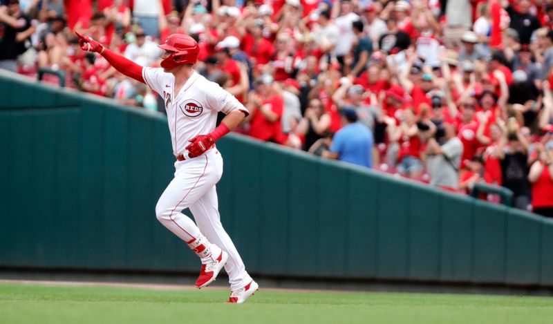 Jul 2, 2023; Cincinnati, Ohio, USA; Cincinnati Reds pinch hitter Tyler Stephenson (37) reacts as he runs the bases after hitting a two-run home run against the San Diego Padres during the eighth inning at Great American Ball Park. Mandatory Credit: David Kohl-USA TODAY Sports