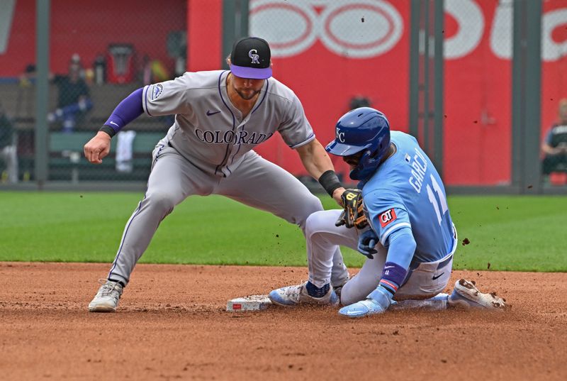 Apr 24, 2025; Kansas City, Missouri, USA;  Colorado Rockies second baseman Kyle Farmer (6) tags out Kansas City Royals Maikel Garcia (11) attempting to steal second base in the fourth inning at Kauffman Stadium. Mandatory Credit: Peter Aiken-Imagn Images