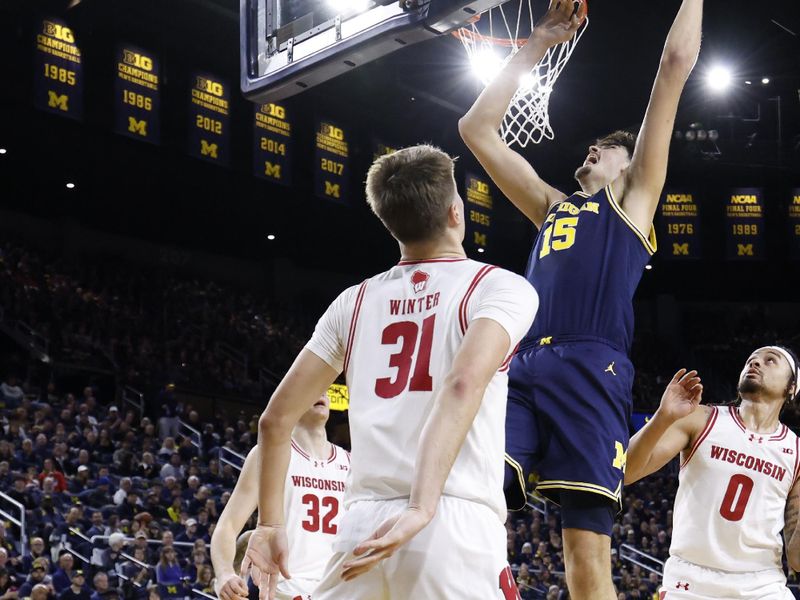 Jan 10, 2026; Ann Arbor, Michigan, USA;  Michigan Wolverines center Aday Mara (15) shoots on Wisconsin Badgers forward Nolan Winter (31) in the first half at Crisler Center. Mandatory Credit: Rick Osentoski-Imagn Images