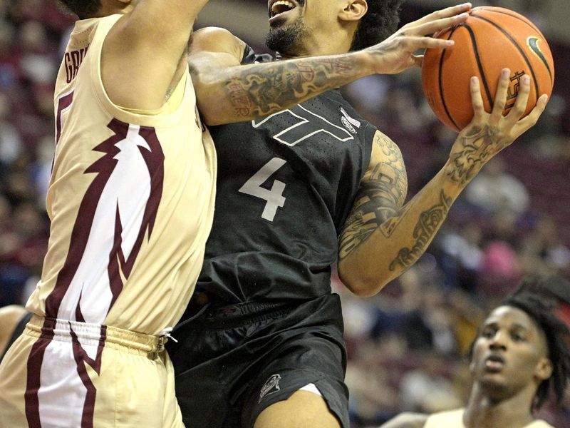 Jan 6, 2024; Tallahassee, Florida, USA; Virginia Tech Hokies forward Mekhi Long (4) shoots the ball against Florida State Seminoles forward De Ante Green (5) during the second half at Donald L. Tucker Center. Mandatory Credit: Melina Myers-USA TODAY Sports