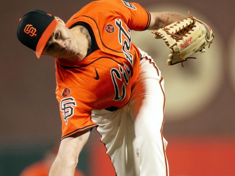 Aug 9, 2024; San Francisco, California, USA; San Francisco Giants pitcher Tyler Rogers (71) delivers a pitch against the Detroit Tigers during the ninth inning at Oracle Park. Mandatory Credit: D. Ross Cameron-USA TODAY Sports