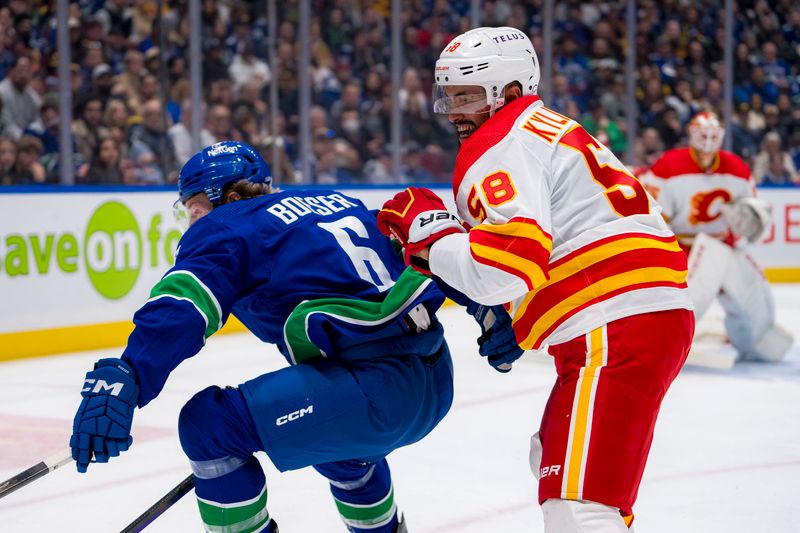 Apr 16, 2024; Vancouver, British Columbia, CAN; Calgary Flames defenseman Oliver Kylington (58) battles with Vancouver Canucks forward Brock Boeser (6) in the first period at Rogers Arena. Mandatory Credit: Bob Frid-USA TODAY Sports