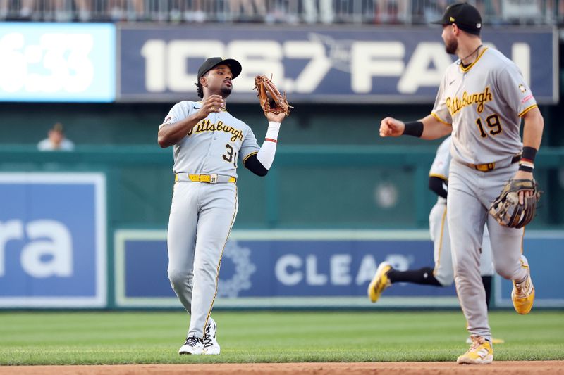 Sep 13, 2025; Washington, District of Columbia, USA; Pittsburgh Pirates shortstop Liover Peguero (31) catches the ball for an out during the ninth inning against the Washington Nationals at Nationals Park. Mandatory Credit: Daniel Kucin Jr.-Imagn Images