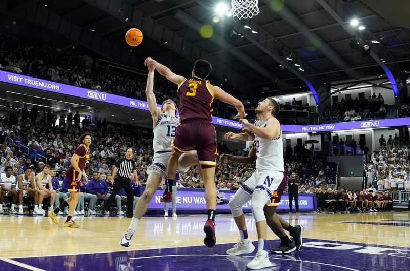 Mar 9, 2024; Evanston, Illinois, USA; Minnesota Golden Gophers forward Dawson Garcia (3) defends Northwestern Wildcats guard Brooks Barnhizer (13) during the second half at Welsh-Ryan Arena. Mandatory Credit: David Banks-USA TODAY Sports