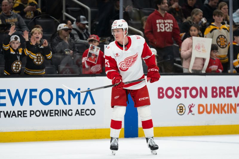 Jan 13, 2026; Boston, Massachusetts, USA; Detroit Red Wings defenseman Jacob Bernard-Docker (25) skates during warm ups before a game against the Boston Bruins at TD Garden. Mandatory Credit: Natalie Reid-Imagn Images