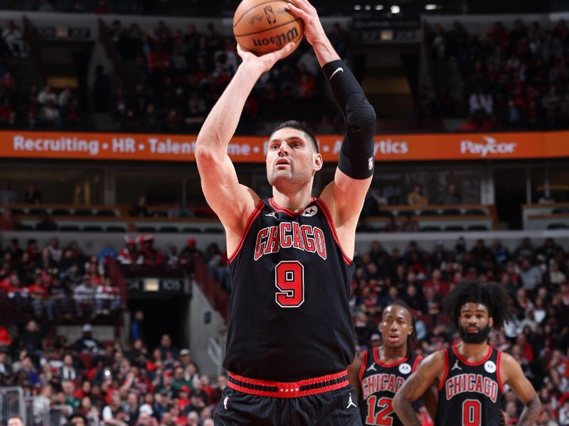 CHICAGO, IL - MARCH 25: Nikola Vucevic #9 of the Chicago Bulls shoots a free throw during the game against the Washington Wizards on March 25, 2024 at United Center in Chicago, Illinois. NOTE TO USER: User expressly acknowledges and agrees that, by downloading and or using this photograph, User is consenting to the terms and conditions of the Getty Images License Agreement. Mandatory Copyright Notice: Copyright 2024 NBAE (Photo by Jeff Haynes/NBAE via Getty Images)