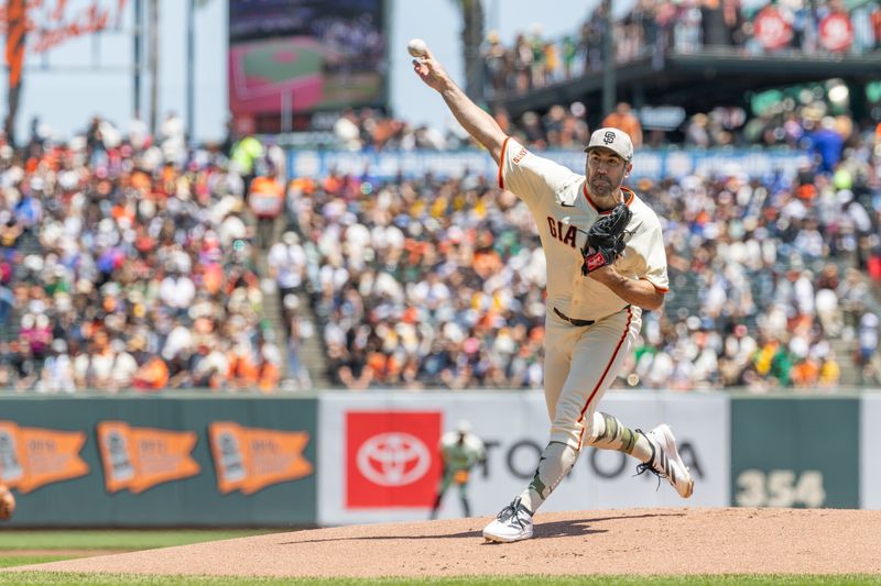 May 18, 2025; San Francisco, California, USA; San Francisco Giants pitcher Justin Verlander (35) throws a pitch first inning against the Oakland Athletics at Oracle Park. Mandatory Credit: Bob Kupbens-Imagn Images