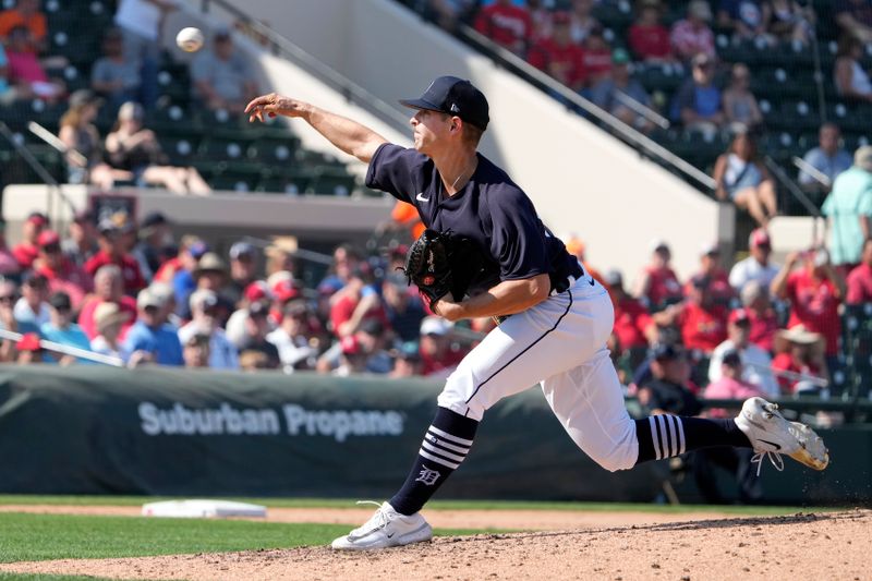 Mar 7, 2023; Lakeland, Florida, USA; Detroit Tigers pitcher Garrett Hill (50) throws a pitch against the St. Louis Cardinals in the sixth inning at Publix Field at Joker Marchant Stadium. Mandatory Credit: Dave Nelson-USA TODAY Sports