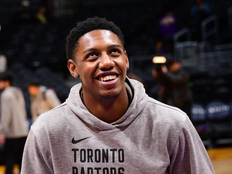 LOS ANGELES, CA - JANUARY 9: RJ Barrett #9 of the Toronto Raptors warms up before the game against the Los Angeles Lakers on January 9, 2024 at Crypto.Com Arena in Los Angeles, California. NOTE TO USER: User expressly acknowledges and agrees that, by downloading and/or using this Photograph, user is consenting to the terms and conditions of the Getty Images License Agreement. Mandatory Copyright Notice: Copyright 2024 NBAE (Photo by Adam Pantozzi/NBAE via Getty Images)