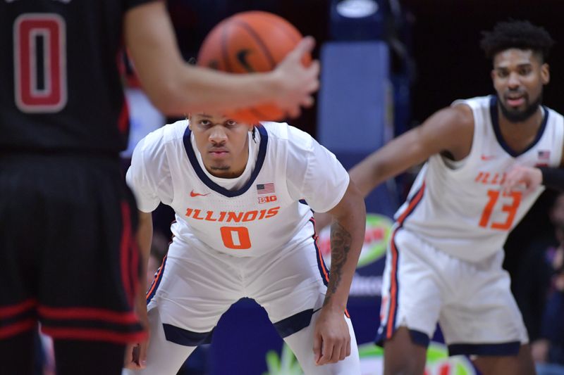 Jan 21, 2024; Champaign, Illinois, USA; Illinois Fighting Illini guard Terrence Shannon Jr. (0) studies Rutgers Scarlet Knights guard Derek Simpson (0) with the ball during the first half at State Farm Center. Mandatory Credit: Ron Johnson-USA TODAY Sports