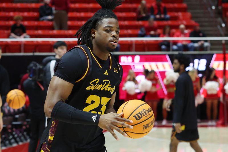 Feb 4, 2026; Salt Lake City, Utah, USA; Arizona State Sun Devils forward Allen Mukeba (23) warms up before the game against the Utah Utes at Jon M. Huntsman Center. Mandatory Credit: Rob Gray-Imagn Images