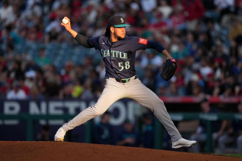 Jun 7, 2025; Anaheim, California, USA;  Seattle Mariners starting pitcher Luis Castillo (58) throws in the second inning against the Los Angeles Angels at Angel Stadium. Mandatory Credit: Kirby Lee-Imagn Images