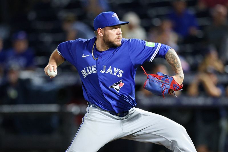 Sep 17, 2025; Tampa, Florida, USA; Toronto Blue Jays pitcher Yariel Rodriguez (29) throws a pitch against the Tampa Bay Rays in the seventh inning  at George M. Steinbrenner Field. Mandatory Credit: Nathan Ray Seebeck-Imagn Images