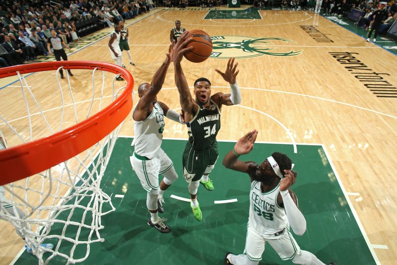 MILWAUKEE, WI - NOVEMBER 10: Giannis Antetokounmpo #34 of the Milwaukee Bucks drives to the basket during the game against the Boston Celtics on November 10, 2024 at the Fiserv Forum Center in Milwaukee, Wisconsin. NOTE TO USER: User expressly acknowledges and agrees that, by downloading and or using this Photograph, user is consenting to the terms and conditions of the Getty Images License Agreement. Mandatory Copyright Notice: Copyright 2024 NBAE (Photo by Gary Dineen/NBAE via Getty Images).