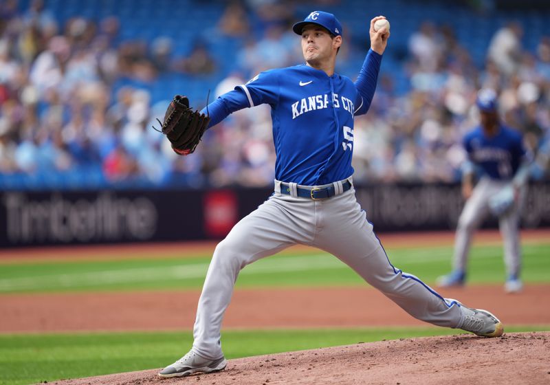 Sep 10, 2023; Toronto, Ontario, CAN; Kansas City Royals starting pitcher Cole Ragans (55) throws a pitch against the Toronto Blue Jays during the first inning at Rogers Centre. Mandatory Credit: Nick Turchiaro-USA TODAY Sports