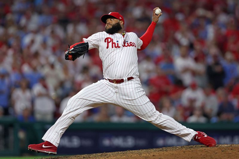 Oct 3, 2023; Philadelphia, Pennsylvania, USA; Philadelphia Phillies relief pitcher Jose Alvarado (46) throws a pitch against the Miami Marlins in the seventh inning for game one of the Wildcard series for the 2023 MLB playoffs at Citizens Bank Park. Mandatory Credit: Bill Streicher-USA TODAY Sports