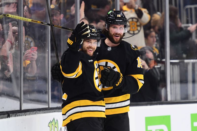 Mar 28, 2026; Boston, Massachusetts, USA; Boston Bruins center Pavel Zacha (18) reacts with left wing Viktor Arvidsson (71) after scoring a goal during the first period against the Minnesota Wild at TD Garden. Mandatory Credit: Bob DeChiara-Imagn Images