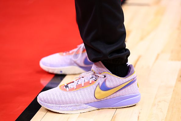 TORONTO, CANADA - OCTOBER 25: The sneakers worn by Ron Harper Jr. #8 of the Toronto Raptors before the game against the Minnesota Timberwolves on October 25, 2023 at the Scotiabank Arena in Toronto, Ontario, Canada.  NOTE TO USER: User expressly acknowledges and agrees that, by downloading and or using this Photograph, user is consenting to the terms and conditions of the Getty Images License Agreement.  Mandatory Copyright Notice: Copyright 2023 NBAE (Photo by Vaughn Ridley/NBAE via Getty Images)