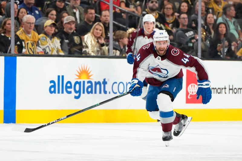 Oct 9, 2024; Las Vegas, Nevada, USA; Colorado Avalanche defenseman Calvin de Haan (44) skates against the Vegas Golden Knights during the second period at T-Mobile Arena. Mandatory Credit: Lucas Peltier-Imagn Images