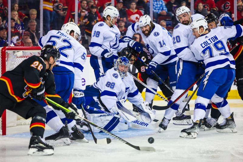 Jan 21, 2023; Calgary, Alberta, CAN; Tampa Bay Lightning goaltender Andrei Vasilevskiy (88) guards his net against the Calgary Flames during the second period at Scotiabank Saddledome. Mandatory Credit: Sergei Belski-USA TODAY Sports