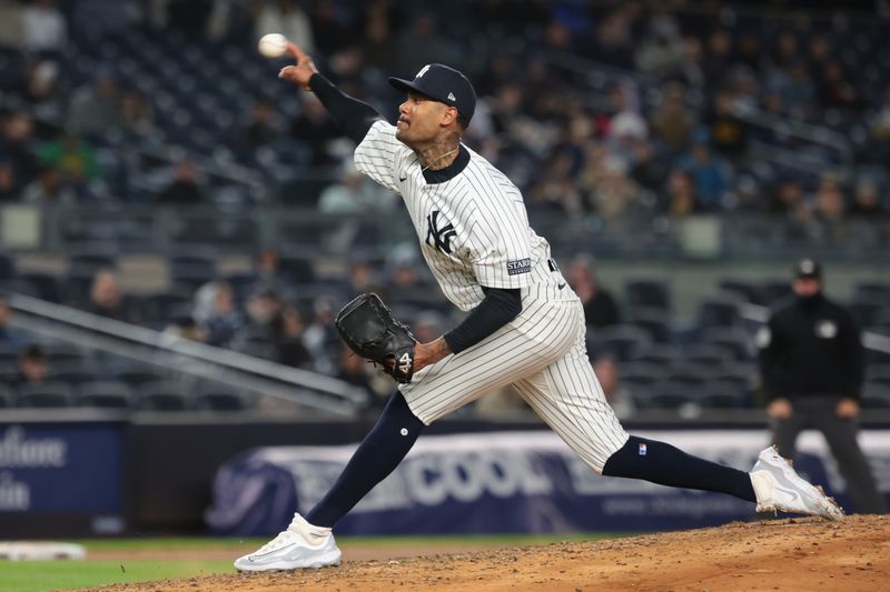 Apr 25, 2024; Bronx, New York, USA; New York Yankees relief pitcher Dennis Santana (53) delivers a pitch during the eighth inning against the Oakland Athletics at Yankee Stadium. Mandatory Credit: Vincent Carchietta-USA TODAY Sports