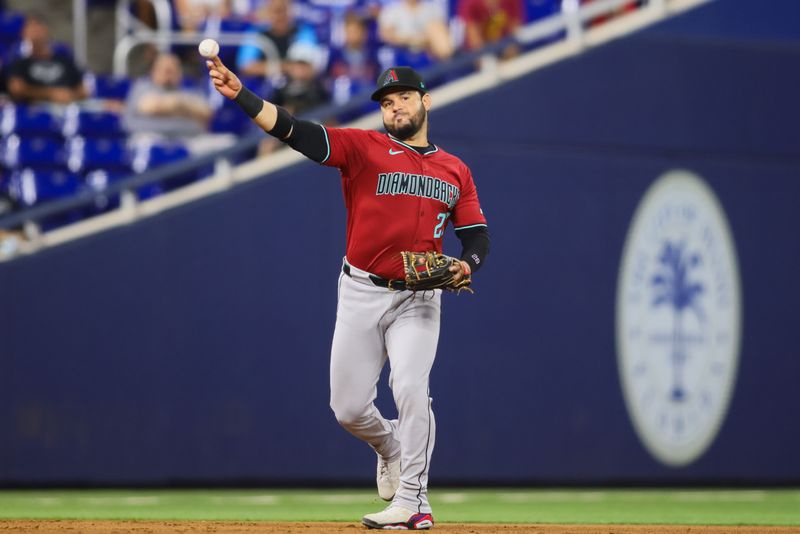 Aug 20, 2024; Miami, Florida, USA; Arizona Diamondbacks third baseman Eugenio Suarez (28) throws to first base to retire Miami Marlins first baseman Jonah Bride (not pictured) during the eighth inning at loanDepot Park. Mandatory Credit: Sam Navarro-USA TODAY Sports