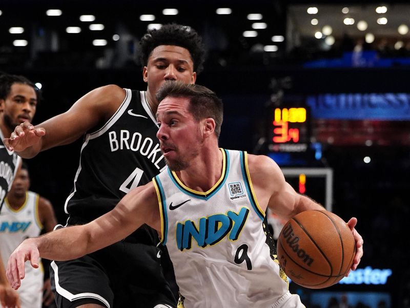 BROOKLYN, NY - January 6: T.J. McConnell #9 of the Indiana Pacers handles the ball during the game against the Brooklyn Nets on January 6, 2025 at Barclays Center in Brooklyn, New York. NOTE TO USER: User expressly acknowledges and agrees that, by downloading and or using this Photograph, user is consenting to the terms and conditions of the Getty Images License Agreement. Mandatory Copyright Notice: Copyright 2025 NBAE (Photo by Catalina Fragoso/NBAE via Getty Images)