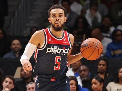 WASHINGTON, DC -? OCTOBER 28: Tyus Jones #5 of the Washington Wizards dribbles the ball during the game against the Memphis Grizzlies on October 28, 2023 at Capital One Arena in Washington, DC. NOTE TO USER: User expressly acknowledges and agrees that, by downloading and or using this Photograph, user is consenting to the terms and conditions of the Getty Images License Agreement. Mandatory Copyright Notice: Copyright 2023 NBAE (Photo by Stephen Gosling/NBAE via Getty Images)