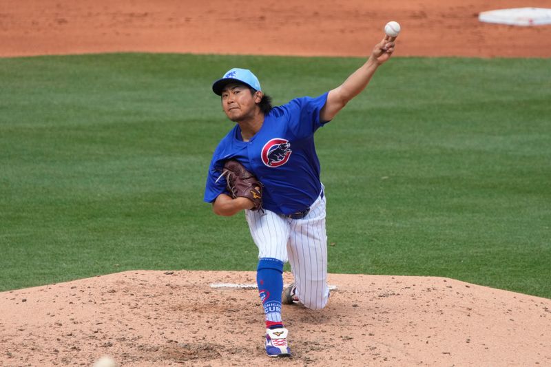 Mar 14, 2024; Mesa, Arizona, USA; Chicago Cubs starting pitcher Shota Imanaga (18) throws against the Oakland Athletics in the fifth inning at Sloan Park. Mandatory Credit: Rick Scuteri-USA TODAY Sports