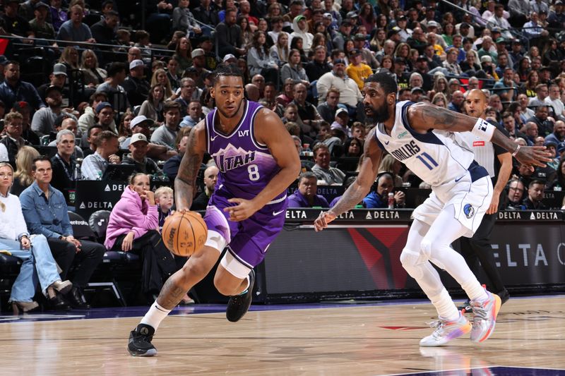 SALT LAKE CITY, UT - MARCH 25: Brice Sensabaugh #8 of the Utah Jazz dribbles the ball during the game against the Dallas Mavericks on March 25, 2024 at Delta Center in Salt Lake City, Utah. NOTE TO USER: User expressly acknowledges and agrees that, by downloading and or using this Photograph, User is consenting to the terms and conditions of the Getty Images License Agreement. Mandatory Copyright Notice: Copyright 2024 NBAE (Photo by Melissa Majchrzak/NBAE via Getty Images)