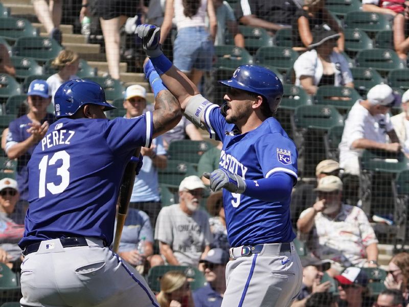 Jul 31, 2024; Chicago, Illinois, USA; Kansas City Royals first baseman Vinnie Pasquantino (9) celebrates with catcher Salvador Perez (13) after hitting a two-run home run against the Chicago White Sox during the ninth inningat Guaranteed Rate Field. Mandatory Credit: David Banks-USA TODAY Sports