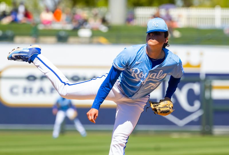 Mar 21, 2024; Surprise, Arizona, USA; Kansas City Royals pitcher Andrew Hoffmann against the Chicago White Sox during a spring training baseball game at Surprise Stadium. Mandatory Credit: Mark J. Rebilas-USA TODAY Sports