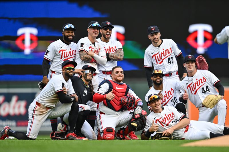 May 4, 2024; Minneapolis, Minnesota, USA; The Minnesota Twins react after the game against the Boston Red Sox to extend their winning streak to twelve games at Target Field. Mandatory Credit: Jeffrey Becker-USA TODAY Sports