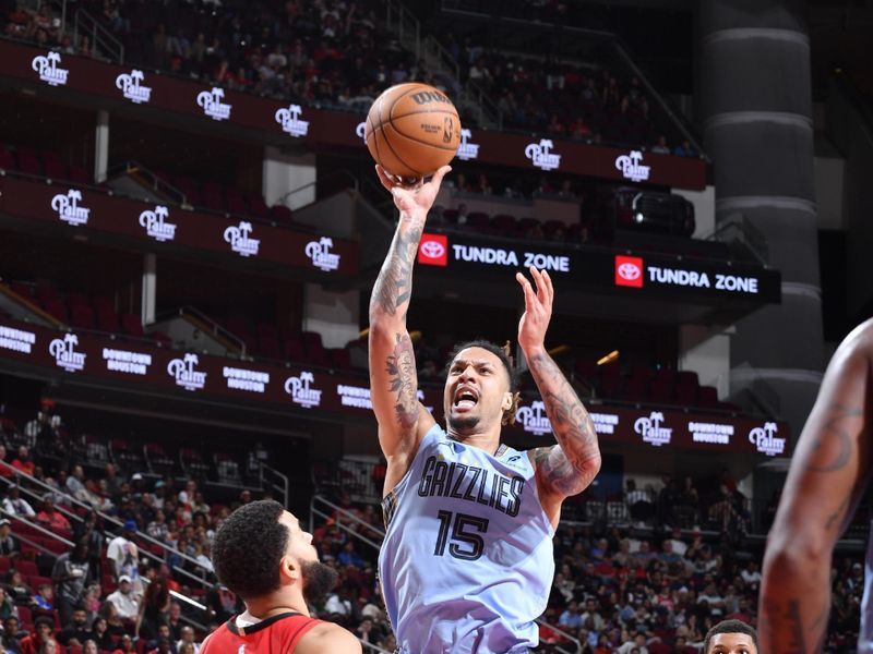 HOUSTON, TX - OCTOBER 25: Brandon Clarke #15 of the Memphis Grizzlies drives to the basket during the game against the Houston Rockets on October 25, 2024 at the Toyota Center in Houston, Texas. NOTE TO USER: User expressly acknowledges and agrees that, by downloading and or using this photograph, User is consenting to the terms and conditions of the Getty Images License Agreement. Mandatory Copyright Notice: Copyright 2024 NBAE (Photo by Logan Riely/NBAE via Getty Images)