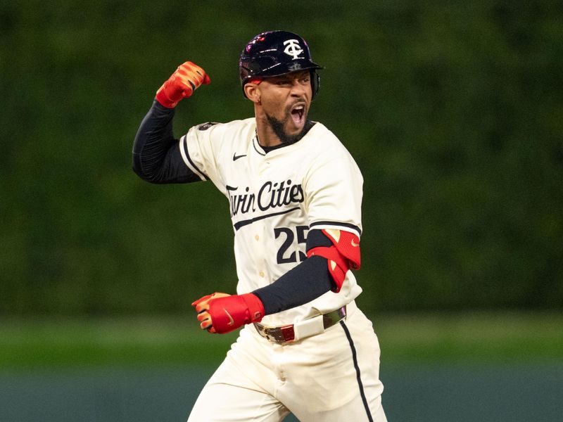 Apr 23, 2024; Minneapolis, Minnesota, USA; Minnesota Twins outfielder Byron Buxton (25) hits a home run in the ninth inning to tie the game at five against the Chicago White Sox at Target Field. Mandatory Credit: Matt Blewett-USA TODAY Sports