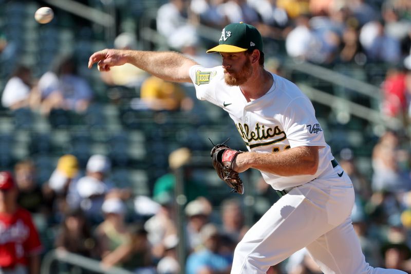 Sep 14, 2025; West Sacramento, California, USA; Athletics pitcher Michael Kelly (49) throws a pitch against the Cincinnati Reds during the ninth inning at Sutter Health Park. Mandatory Credit: Dennis Lee-Imagn Images