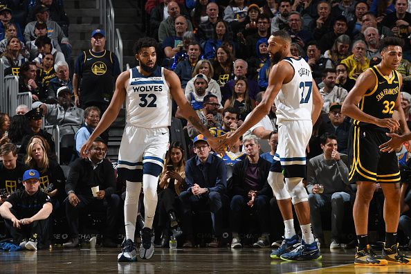 SAN FRANCISCO, CA - NOVEMBER 14: Karl-Anthony Towns #32 and Rudy Gobert #27 of the Minnesota Timberwolves high five during the game during the In-Season Tournament on November 14, 2023 at Chase Center in San Francisco, California. NOTE TO USER: User expressly acknowledges and agrees that, by downloading and or using this photograph, user is consenting to the terms and conditions of Getty Images License Agreement. Mandatory Copyright Notice: Copyright 2023 NBAE (Photo by Noah Graham/NBAE via Getty Images)