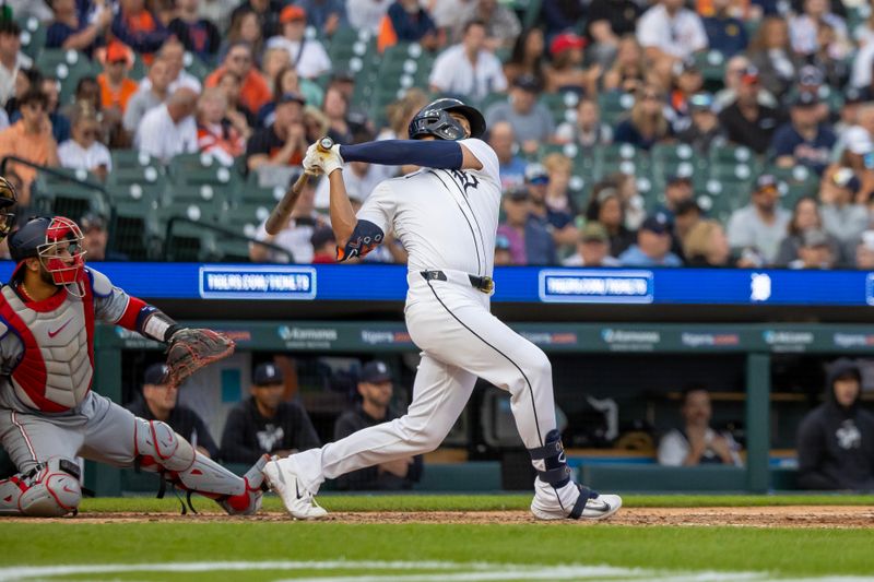 Jun 11, 2024; Detroit, Michigan, USA; Detroit Tigers outfielder Riley Greene (31) hits a triple in the fifth inning against the Washington Nationals at Comerica Park. Mandatory Credit: David Reginek-USA TODAY Sports