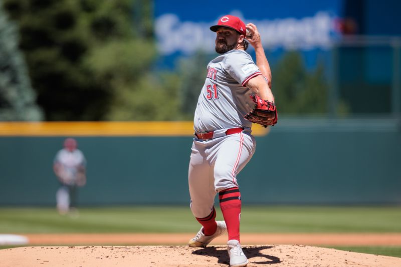 Jun 5, 2024; Denver, Colorado, USA; Cincinnati Reds starting pitcher Graham Ashcraft (51) delivers a pitch against the Colorado Rockies during the first inning at Coors Field. Mandatory Credit: Andrew Wevers-USA TODAY Sports