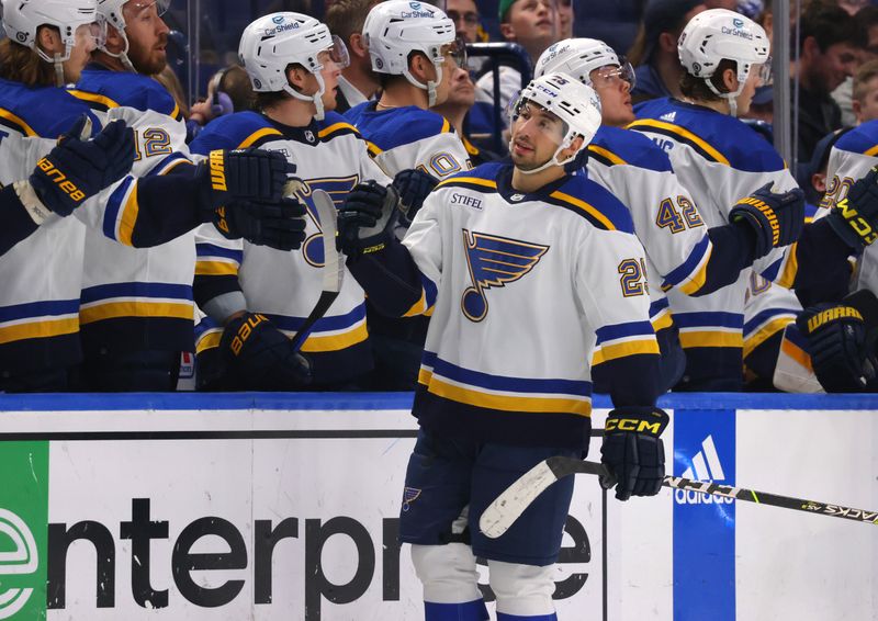 Feb 10, 2024; Buffalo, New York, USA;  St. Louis Blues center Jordan Kyrou (25) celebrates his goal with teammates during the second period against the Buffalo Sabres at KeyBank Center. Mandatory Credit: Timothy T. Ludwig-USA TODAY Sports