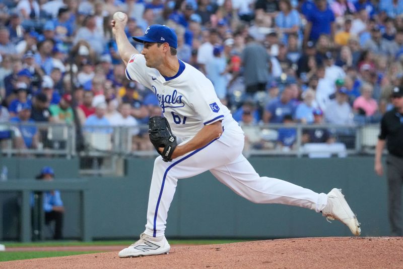 Jun 10, 2024; Kansas City, Missouri, USA; Kansas City Royals starting pitcher Seth Lugo (67) delivers a pitch against the New York Yankees in the first inning at Kauffman Stadium. Mandatory Credit: Denny Medley-USA TODAY Sports