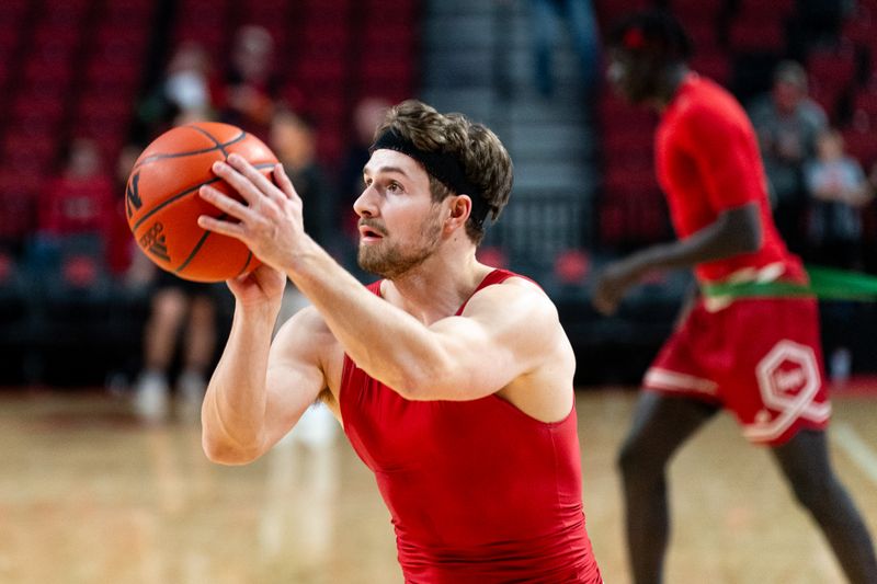 Feb 25, 2024; Lincoln, Nebraska, USA; Nebraska Cornhuskers guard Sam Hoiberg (1) warms up before the game against the Minnesota Golden Gophers at Pinnacle Bank Arena. Mandatory Credit: Dylan Widger-USA TODAY Sports