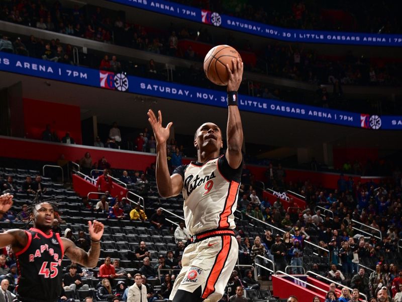 DETROIT, MI - NOVEMBER 24: Ausar Thompson #9 of the Detroit Pistons drives to the basket during the game against the Toronto Raptors on November 24, 2024 at Little Caesars Arena in Detroit, Michigan. NOTE TO USER: User expressly acknowledges and agrees that, by downloading and/or using this photograph, User is consenting to the terms and conditions of the Getty Images License Agreement. Mandatory Copyright Notice: Copyright 2024 NBAE (Photo by Chris Schwegler/NBAE via Getty Images)