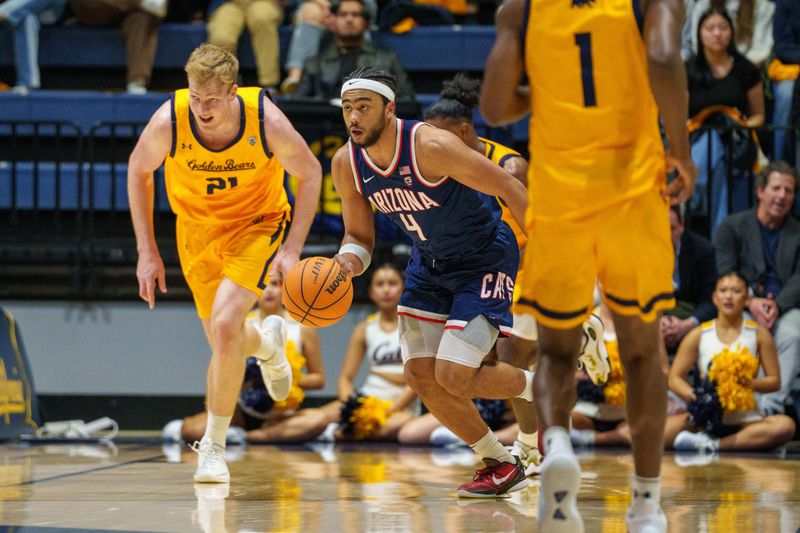 Feb 9, 2023; Berkeley, California, USA; Arizona Wildcats guard Kylan Boswell (4) brings the ball up court against California Golden Bears forward Lars Thiemann (21) during the first half at Haas Pavilion. Mandatory Credit: Neville E. Guard-USA TODAY Sports