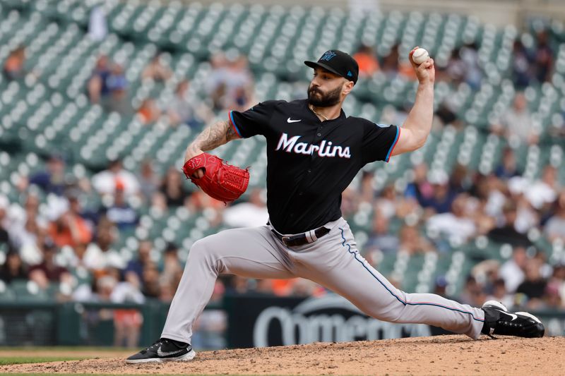 May 15, 2024; Detroit, Michigan, USA; Miami Marlins pitcher Tanner Scott (66) pitches in the ninth inning against the Detroit Tigers at Comerica Park. Mandatory Credit: Rick Osentoski-USA TODAY Sports
